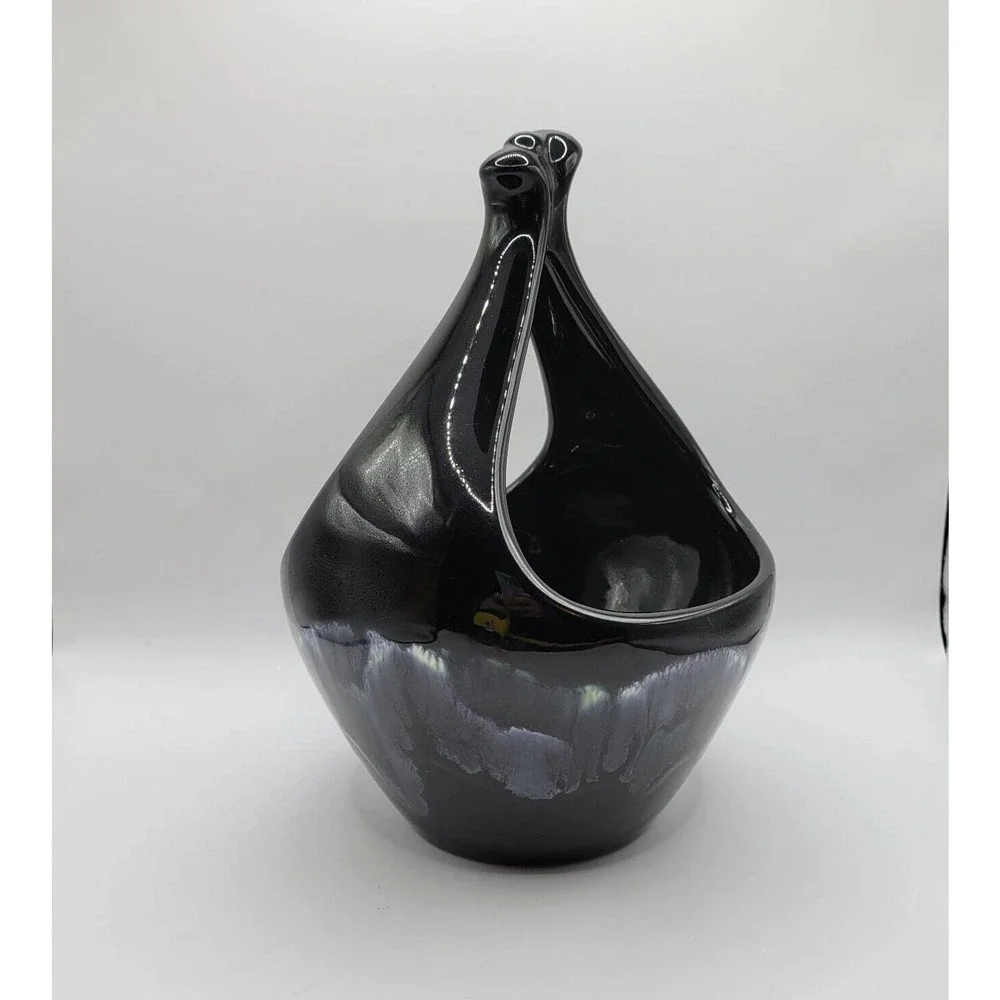 Vintage Black w/Blue Green Drip Glaze Ceramic Pottery Basket